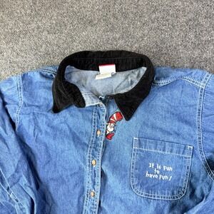 Vintage Dr Seuss Shirt Womens 14W/16W Blue Denim Cotton Embroidered Button Up